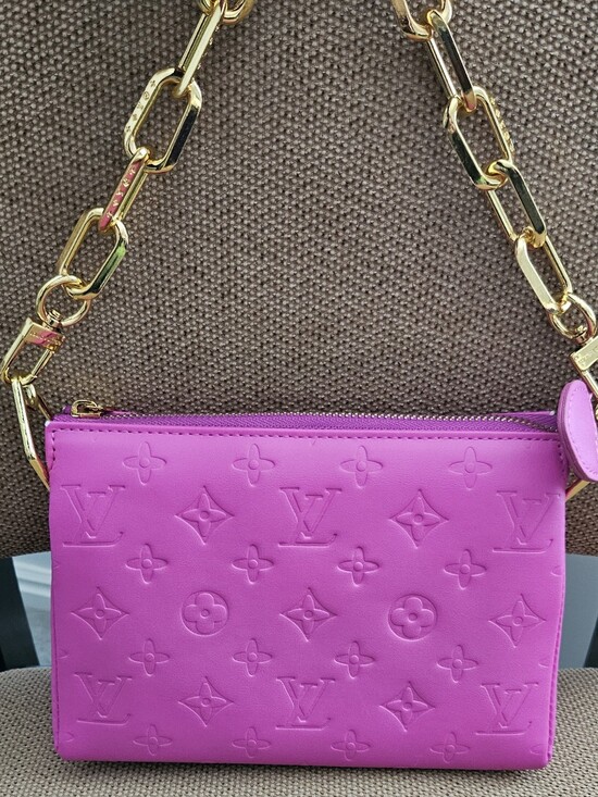None Handbags - Designer Inspired Fuchsia Monogram Crossbody Bag with Gold Chain